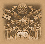 A detail of the current
  official seal of Pope John Paul II, including the triple-tiara symbolizing his supposed three
  kingdoms (heaven, earth, and the underworld) and the keys of the kingdom of heaven, supposedly
  entrusted to the Roman Pontiffs.