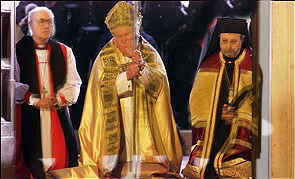 Athanasios,
  Pope John Paul II, and Anglican Archbishop George Carey kneel in common prayer before the
  ‘holy’ doors of the Papal basilica of St. Paul’s Outside the Walls (Rome) as
  part of the Ecumenical concelebration featured on the first day of the Pope’s Jubilee and
  annual “Week of Prayer for Christian Unity” (Tuesday, January 18, 2000). All
  ‘Orthodox’ Patriarchates sent representatives and participated in the service.