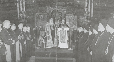 Concelebration at the
  Phanar, between Pope Paul VI and Athenagoras with their cardinals and Bishops. (June 25, 1967)