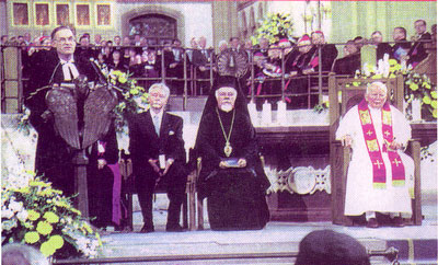 Metropolitan Augustinos
  (Lampardakкs) of Germany participates in a Lutheran church service along with various
  papist bishops and cardinals.