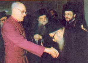 (Athens, February of
  1994) - Hierarchs Damaskenos and Ambrosios (of Diavleia) and presbyters Stephanos
  (Abramidкs) and Evangellos (Mantzouneas) of the EP take blessings from the head of the
  Anglicans, Archbishop George Carey of Cantebury (who denies the Resurrection of Christ)!