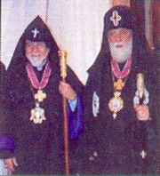 Patriarch
  Ilia II of Georgia poses for a photograph with Armenian Monophysite Patriarch Karekin after their
  concelebration on Armenia in May of 1998.