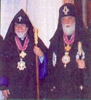 Patriarch
  Ilia II of Georgia poses for a photograph with Armenian Monophysite Patriarch Karekin after their
  concelebration on Armenia in May of 1998.