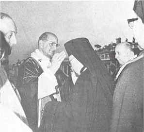 Metropolitans Chrysostom
  of Austria, Chrysostom of Myra, and Archm. Gennadios take blessings from Pope Paul IV at St.
  Peter's (June 29, 1967).