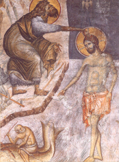 The Baptism of Christ, detail [Jn. 1:29-34]. Manuel Panselinos (c. 1290). Protaton, Athos.