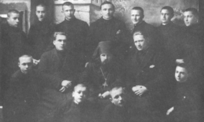 Hieromonk John (center) with Carpatho-Russian students at the Bitol
  Seminary, 1931.